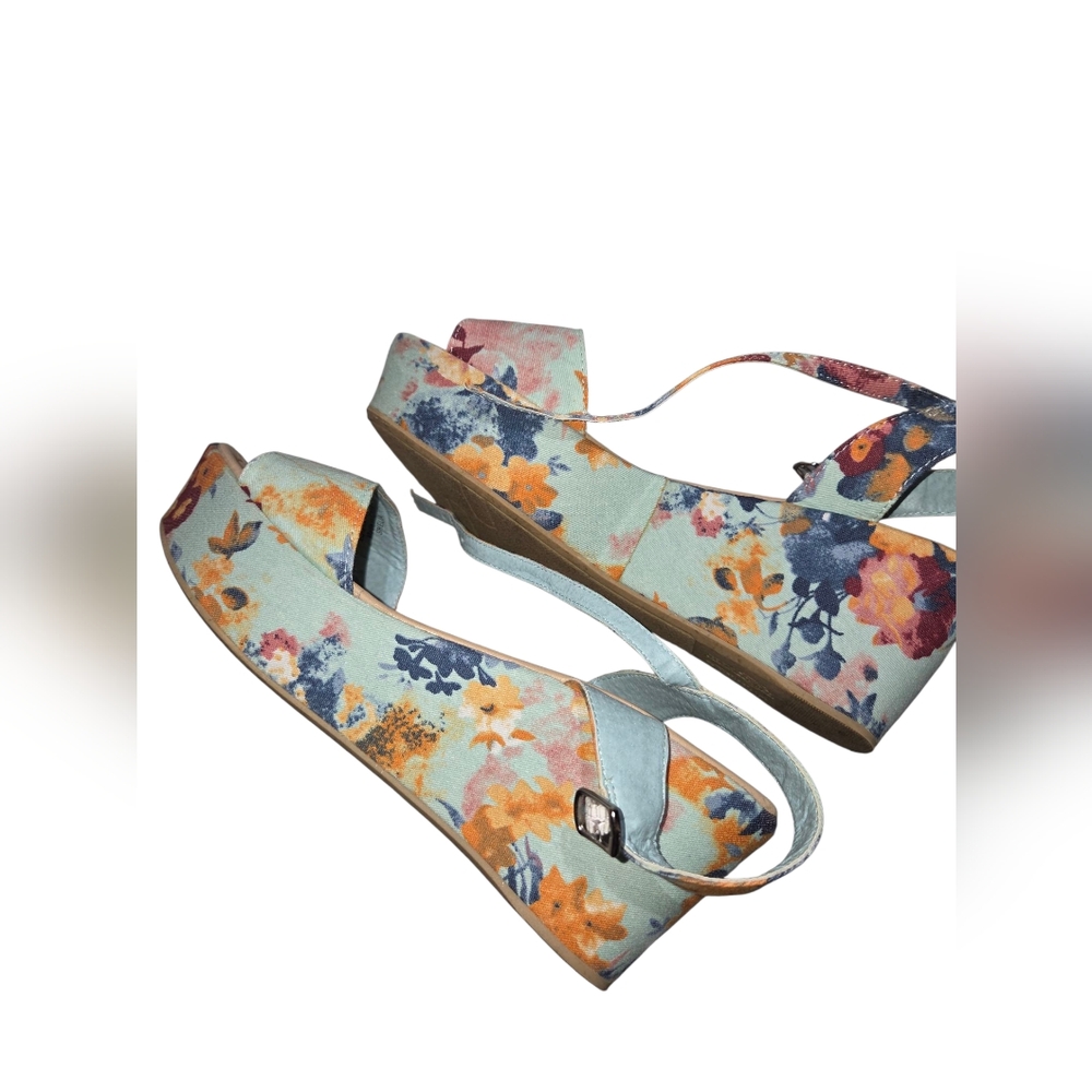 Fergalicious Floral Espadrille Wedge Sandals in Light Blue, Orange, Navy